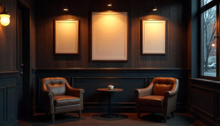 Cozy waiting room with leather chairs and blank framesの写真素材