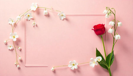 Floral frame with red rose and white blossoms designの写真素材