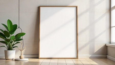 Blank canvas in room with plants and window light