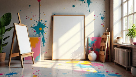 Bright artist studio interior with canvas, splashes and sunlightの写真素材