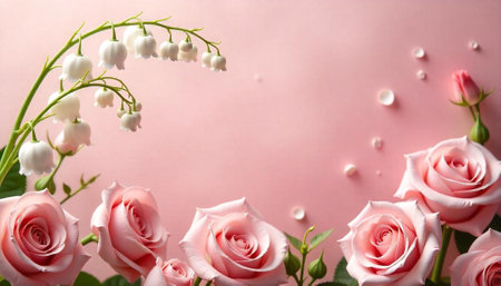 Elegant pink roses and lily of the valley floral displayの写真素材