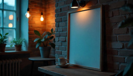 Moody interior with blank frame, brick wall, and coffeeの写真素材