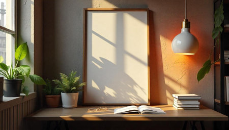 Cozy workspace featuring blank frame, books and indoor plants
