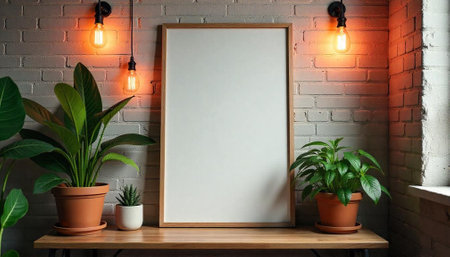 Blank frame mockup against brick wall with plant decorの写真素材