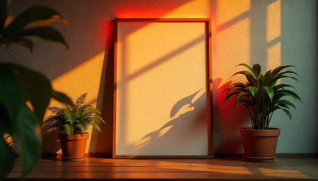 Wooden frame mockup with plants and warm sunlight glowの写真素材