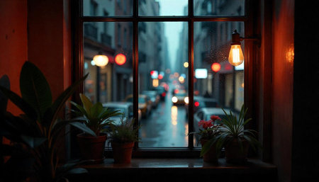 Rainy City View Through a Window with Plantsの写真素材