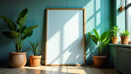 Blank frame mockup surrounded by plants in natural lightの写真素材