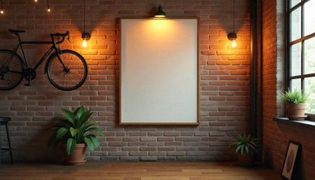 Rustic interior mockup with frame, bicycle, and potted plantsの写真素材