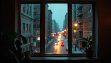 Rainy city street view from cozy window sillの写真素材