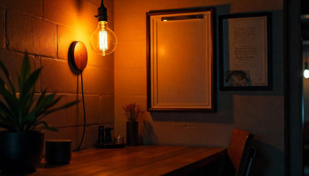 Warmly lit interior corner showcasing vintage aesthetic and designの写真素材