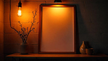 Cozy Frame Still Life with Edison Bulb Warm Lightingの写真素材