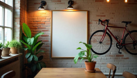 Blank canvas on brick wall with bicycle and plantsの写真素材