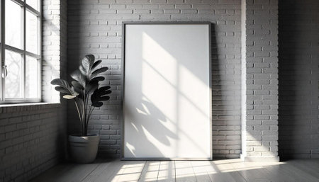 Mockup frame with indoor plant against a brick wall