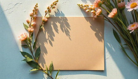Floral arrangement and blank card on textured surface backdropの写真素材