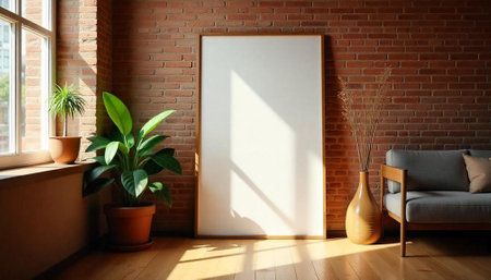 Blank canvas frame leaning against brick wall in interior settingの写真素材