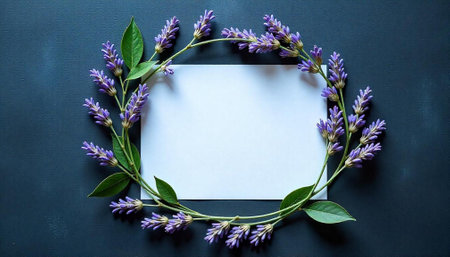 Lavender wreath surrounding blank white card on dark backgroundの写真素材