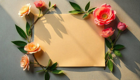 Floral frame mockup with roses and blank paper cardの写真素材