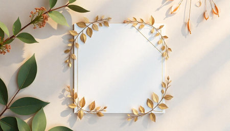 Elegant White Frame Decorated With Gold And Green Foliageの写真素材