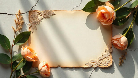 Floral frame with peach roses and antique paper cardの写真素材