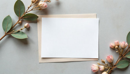Blank card mockup with floral decorations on a gray backgroundの写真素材