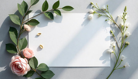 Floral frame with pink roses and white blank cardの写真素材