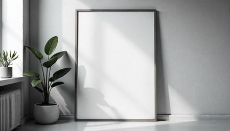 Modern minimalist frame mockup with plants and sunlight shadows