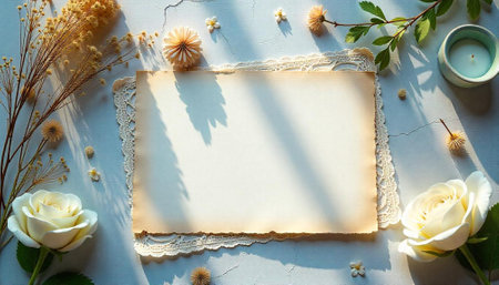 Romantic blank paper with flowers and candle overhead shotの写真素材
