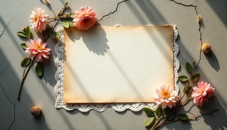 Blank paper with floral frame mockup on a concrete backgroundの写真素材