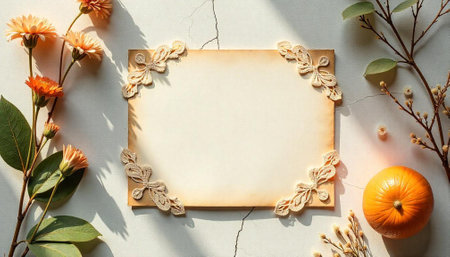 Autumnal stationery flat lay with pumpkin, leaves and flowersの写真素材