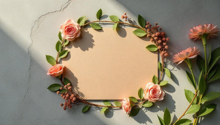 Floral frame with peach flowers and elegant blank cardの写真素材