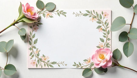 Elegant floral frame with pink flowers and eucalyptus leavesの写真素材