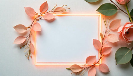 Floral frame with neon light on white textured backgroundの写真素材