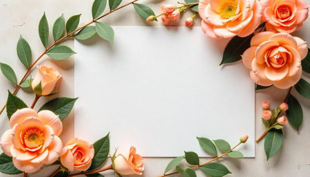 Blank Card Surrounded by Elegant Peach Roses and Foliageの写真素材