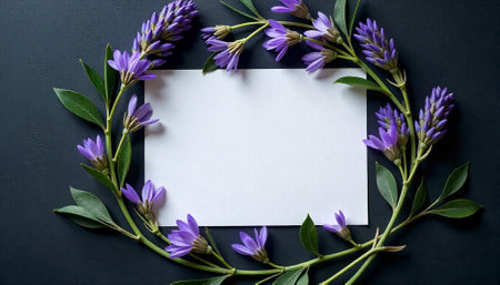 Floral frame with blank white card on dark surfaceの写真素材