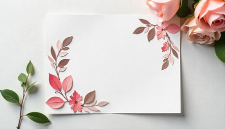 Blank card with floral decorations and roses overhead space