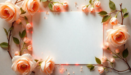 Elegant peach roses framing blank white card with copy spaceの写真素材