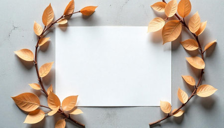 Golden leaves border white paper on a gray background