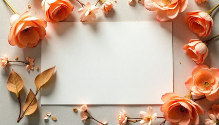 Floral background with blank white card surrounded by blossomsの写真素材