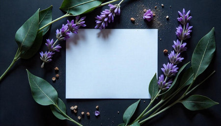 Blank card surrounded by lavender and greenery on dark backgroundの写真素材