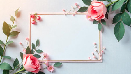 Floral frame with roses for wedding invitation background designの写真素材
