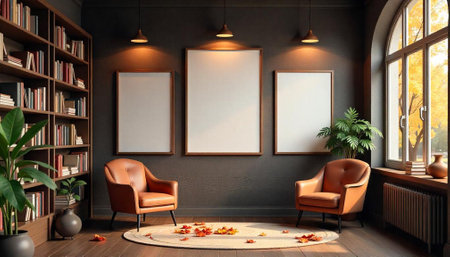 Warm autumn reading nook with blank frames and armchairsの写真素材