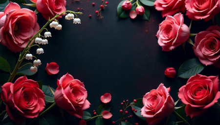 Romantic frame of roses lilies and berries on dark backgroundの写真素材
