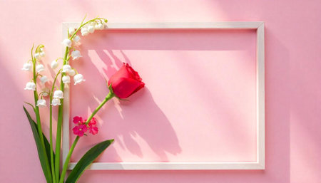 Floral frame with rose and lily on pink backgroundの写真素材