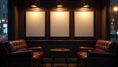Cozy lounge interior with blank posters and leather armchairs