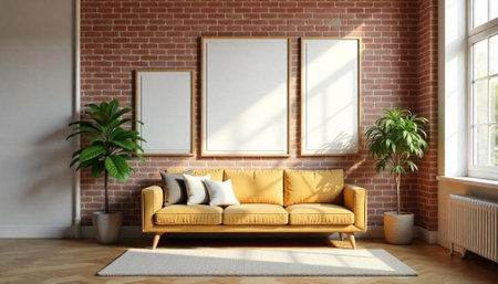 Living room interior mockup with yellow couch and framesの写真素材