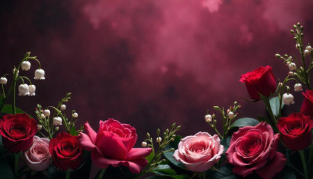 Romantic roses and lily-of-the-valley with dark backgroundの写真素材