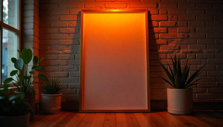 Blank framed canvas poster in modern interior setting at nightの写真素材