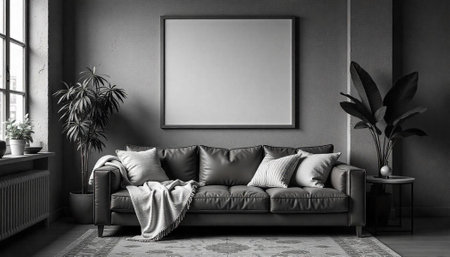 Monochromatic living room interior with sofa and blank frameの写真素材
