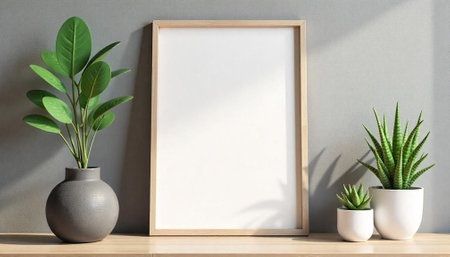Blank frame with plants against a grey wall mockupの写真素材