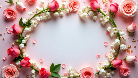 Floral wreath with pink roses and white bellflowersの写真素材